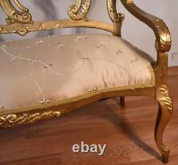 1910s Antique French Louis XV Fruitwood Gold Gilded Loveseat / New Upholstery