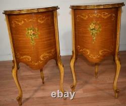 1910s Antique French Louis XV Satinwood hand painted nightstands bedside tables