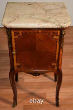 1910s Antique French Louis XV Walnut & Satinwood Marble Nightstand bedside table