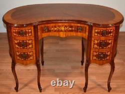 1910s Antique French Louis XV Walnut Satinwood inlaid Kidney shape Vanity / desk