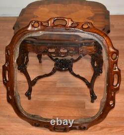 1910s Antique French Louis XV Walnut & Satinwood inlaid glass top coffee table