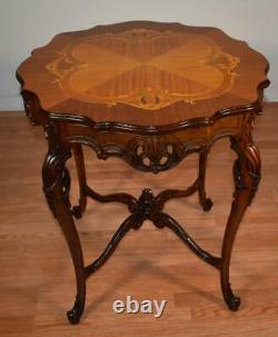1910s Antique French Louis XV Walnut & Satinwood inlay round center table