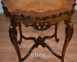 1910s Antique French Louis XV Walnut & Satinwood inlay round center table