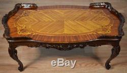 1910s Antique French Louis XV Walnut and satinwood floral inlay coffee table
