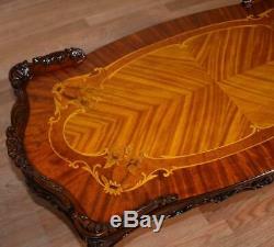 1910s Antique French Louis XV Walnut and satinwood floral inlay coffee table