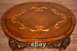 1910s Antique French Louis XV carved Walnut & inlay Coffee table with Glass Tray