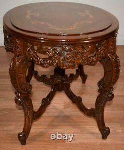 1910s Antique French Louis XV carved Walnut & inlay Coffee table with Glass Tray