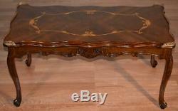 1910s Antique French Louis XV carved Walnut & satinwood inlay Coffee Table