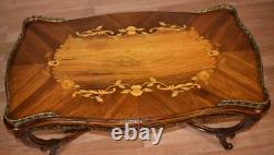 1910s Antique French Louis XV carved Walnut & satinwood inlay Coffee Table