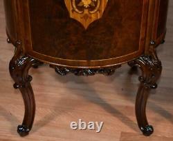 1910s Antique French Louis XV dark Burl Walnut inlaid Nightstands bedside tables