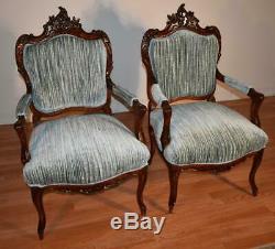 1910s pair of Antique French Louis XV Walnut Bed Room Fireplace Side Chairs