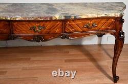 1920 Antique French Louis XV Walnut & Satinwood Marble top Vanity Ladies Desk