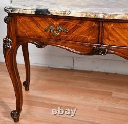 1920 Antique French Louis XV Walnut & Satinwood Marble top Vanity Ladies Desk