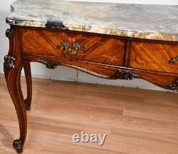 1920 Antique French Louis XV Walnut & Satinwood Marble top Vanity Ladies Desk