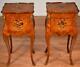 1920 Antique French Louis Xv Walnut & Satinwood Inlay Nightstands Bedside Tables