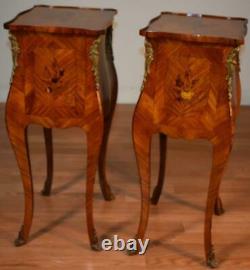 1920 Antique French Louis XV Walnut & Satinwood inlay Nightstands bedside tables