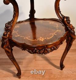 1920 Antique French Louis XV Walnut inlaid & carved Cherub 2 Tier side end table