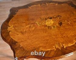 1920 Antique French Louis XV Walnut inlay carved cherubs Center table