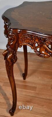 1920 Antique French Louis XV Walnut inlay carved cherubs Center table