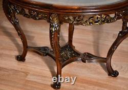 1920 Antique French Louis XV Walnut & satinwood Coffee table with Glass Tray top