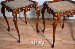 1920 Antique French Louis XV Walnut satinwood inlay carved cherubs side tables