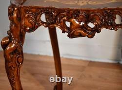 1920 Antique French Louis XV Walnut satinwood inlay carved cherubs side tables