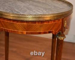 1920s Antique French Louis XVI Walnut Satinwood inlay Oval Marble top side table