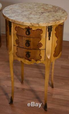 1930s French Louis XV Mahogany hand painted marble top nightstands bedside table