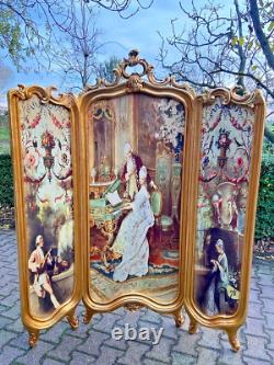1940's French Louis Xvi Screen / Room Divider With Scenery on Fabric