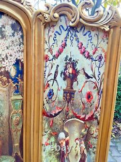 1940's French Louis Xvi Screen / Room Divider With Scenery on Fabric