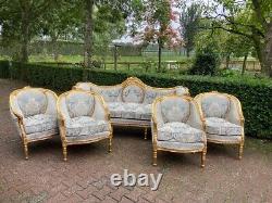 1940s French Louis XVI Style 5-Pcs Sofa and Chair Set in Patina Gold and Damask