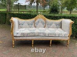 1940s French Louis XVI Style 5-Pcs Sofa and Chair Set in Patina Gold and Damask