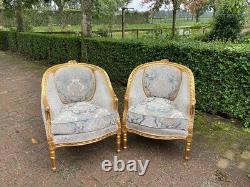 1940s French Louis XVI Style 5-Pcs Sofa and Chair Set in Patina Gold and Damask