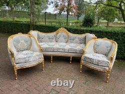 1940s French Louis XVI Style 5-Pcs Sofa and Chair Set in Patina Gold and Damask