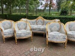 1940s French Louis XVI Style 5-Pcs Sofa and Chair Set in Patina Gold and Damask