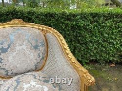 1940s French Louis XVI Style 5-Pcs Sofa and Chair Set in Patina Gold and Damask