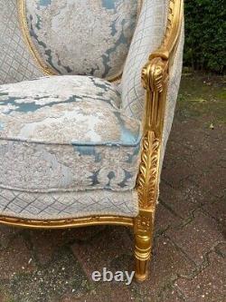 1940s French Louis XVI Style 5-Pcs Sofa and Chair Set in Patina Gold and Damask