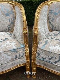 1940s French Louis XVI Style 5-Pcs Sofa and Chair Set in Patina Gold and Damask