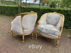 1940s French Louis XVI Style 5-Pcs Sofa and Chair Set in Patina Gold and Damask