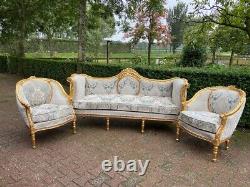 1940s French Louis XVI Style 5-Pcs Sofa and Chair Set in Patina Gold and Damask