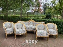 1940s French Louis XVI Style 5-Pcs Sofa and Chair Set in Patina Gold and Damask