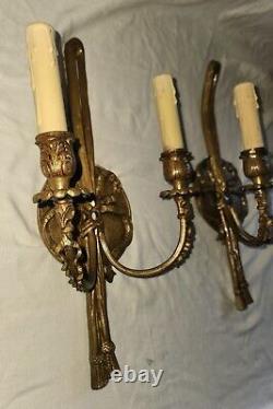 1940s Pair French Louis XVI Style Solid Brass Wall Candle Sconces by Lightolier