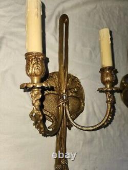 1940s Pair French Louis XVI Style Solid Brass Wall Candle Sconces by Lightolier