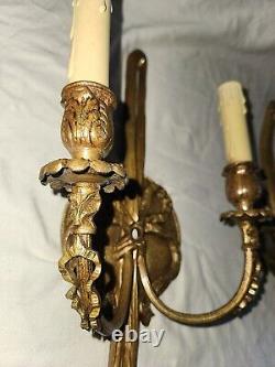 1940s Pair French Louis XVI Style Solid Brass Wall Candle Sconces by Lightolier