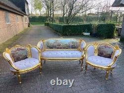 1950 French Louis XVI Corbeille Sofa and Bergere Chairs Set