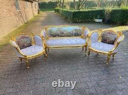 1950 French Louis XVI Corbeille Sofa and Bergere Chairs Set