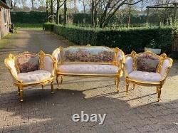 1950 French Louis XVI Corbeille Sofa and Bergere Chairs Set