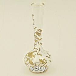 19C Antique French Saint Louis Glass Bud Vase Gold Enamel Miniature Flower Bird