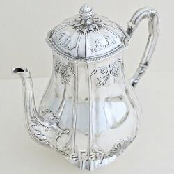 19C Antique French Sterling Silver Tea Coffee Pot by L. Coignet Louis XIV Shell