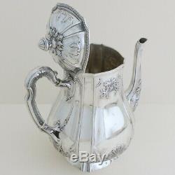 19C Antique French Sterling Silver Tea Coffee Pot by L. Coignet Louis XIV Shell